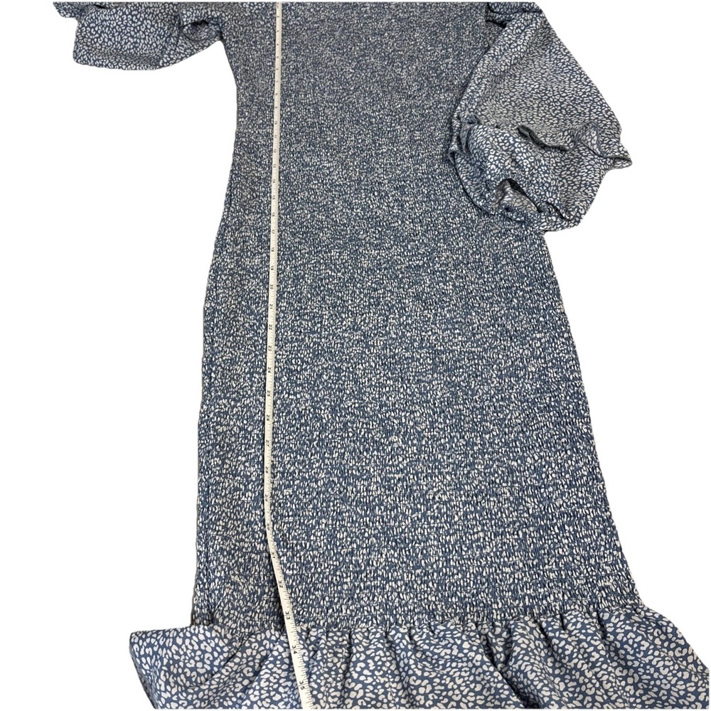 PrettyGarden Blue White Leopard Smocked Midi Dress Puff Sleeve Ruffle Hem Medium - Picture 6 of 7